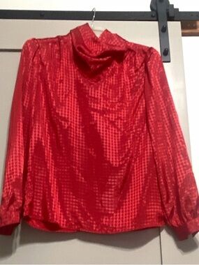 Vintage 80s Cheryl Tiegs Red Satin Blouse Cowl Neck Houndstooth Jacquard Sz 12